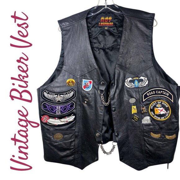 VINTAGE MOTO CLUB HARLEY DAVIDSON BLACK LEATHER BIKER VEST PATCHES CHAIN 3XL